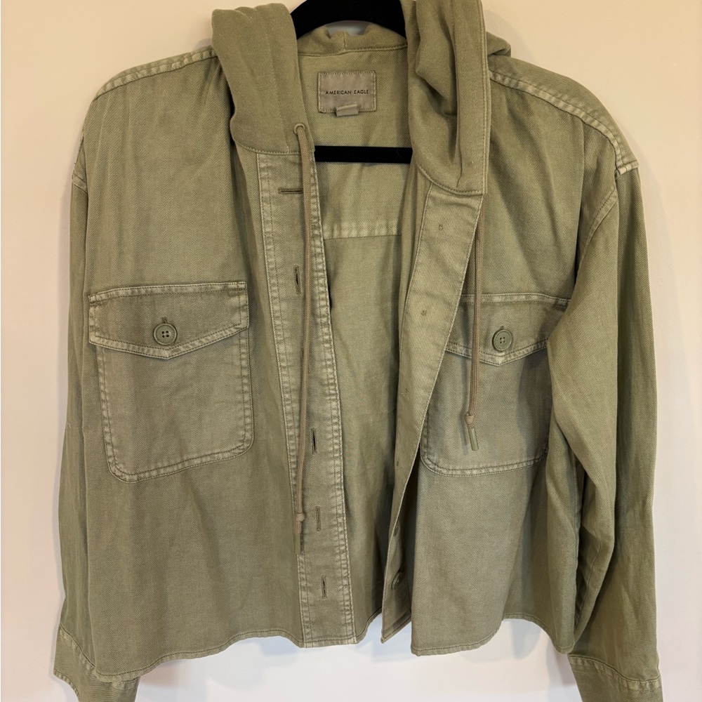 American Eagle Green Hooded Cropped Jacket - Size L